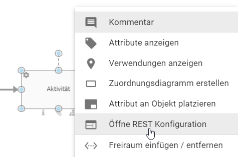 In diesem Screenshot wird das Kontextmenü einer Service-Aktivität mit der Option "Öffne REST Konfiguration" dargestellt.