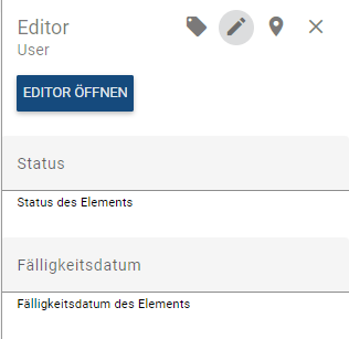 Der Screenshot zeigt die Spalte "Status" und "Fälligkeitsdatum" im Editor.