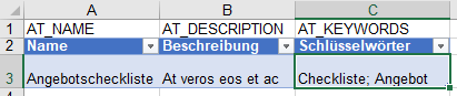 Der Screenshot zeigt eine xlsx-Datei mit einem Dokument als Listeneintrag, wobei dieses das mehrwertige Attribut Schlüsselwörter enthält.