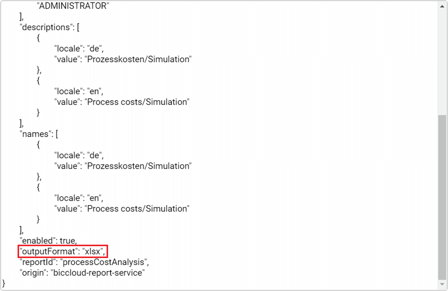 Der Screenshot zeigt den Report Deskriptor mit der hervorgehobenen Variable "outputFormat" an.