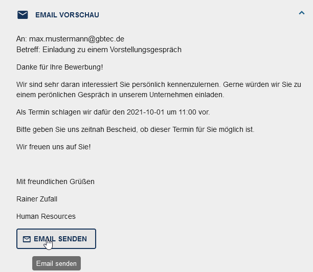 Der Screenshot zeigt die E-Mail Vorschau in der Form der Aufgabe in BIC Process Execution.