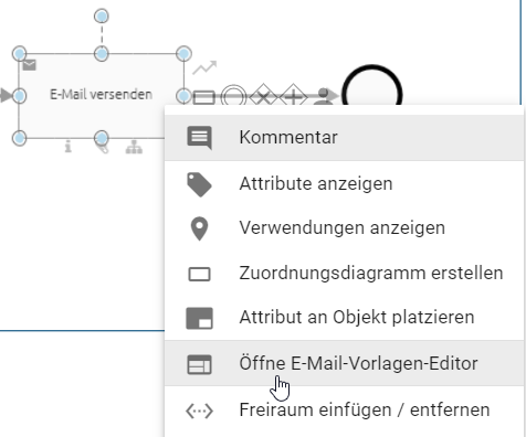 Hier ist das Öffnen des E-Mail-Vorlagen-Editors in BIC Process Design über das Kontextmenü der Aktivität gezeigt.