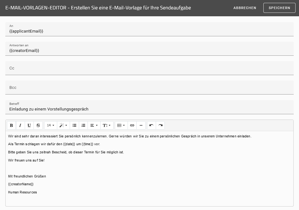 Der Screenshot zeigt den E-Mail-Vorlagen-Editor in BIC Process Design. Im Text-, im "Antworten an"- und im Empfängerfeld sind demonstrativ Prozessvariablen verwendet.