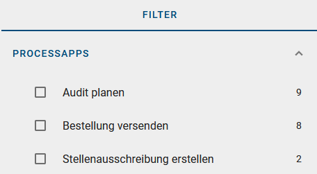 Der Screenshot zeigt die Filteroptionen für ProcessApps.