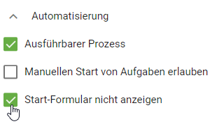 Der Screenshot zeigt die ausgewählte Checkbox "Start-Formular nicht anzeigen".