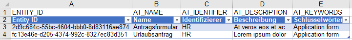 Der Screenshot zeigt ein Excel Beispiel für den Katalog Import mit Entity ID.