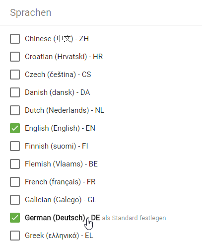 Der Screenshot zeigt die verfügbaren und ausgewählten Sprachen, sowie die fett gedruckte Standardeinstellung.