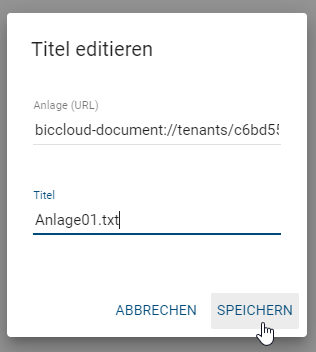 Dieser Screenshot zeigt das Dialogfeld "Titel editieren" von Anlagen (URL).