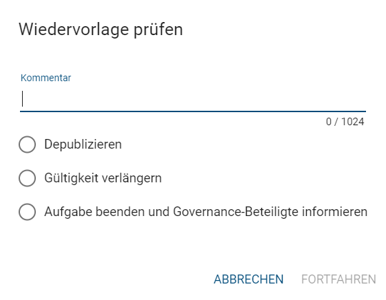 Dieser Screenshot zeigt die Prüfung der Wiedervorlage mit den Optionen "Depublizieren", "Gültigkeit verlängern" und "Aufgabe beenden und Governance-Beteiligte informieren".