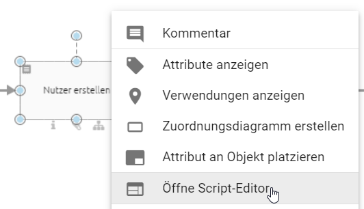 Dieser Screenshot zeigt das Kontextmenü einer Aktivität mit der Option "Öffne Script-Editor".