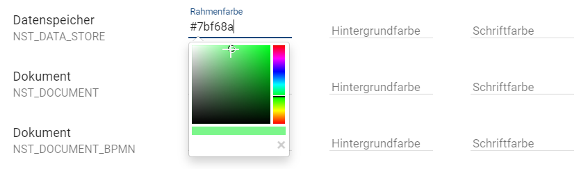 Der Screenshot zeigt beispielhaft die Farbpalette zur Auswahl der Rahmenfarbe am Symboltyp "Datenspeicher".
