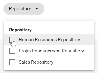 Dieser Screenshot zeigt den Filter "Repositorys", der alle verfügbaren Repository-Namen auflistet.