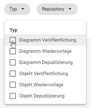 Der Screenshot zeigt die Filterung nach Workflow-Typen.