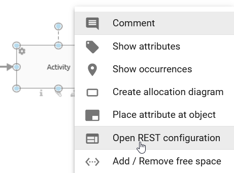 This screenshot shows the context menu of a service activity with the "Open configuration" option.