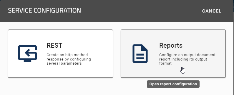 The screenshot shows the selection of the service configuration to open either a "REST or Reports configuration".