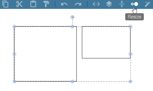Here, the "Resize" button in the menu bar and two selected object symbols are displayed in the diagram.