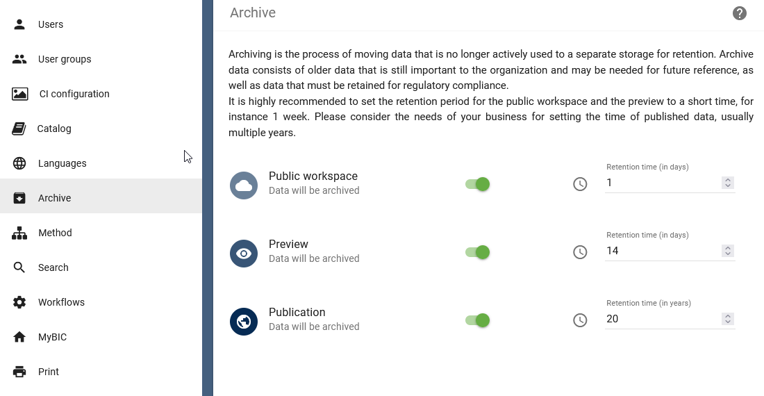 The screenshot shows the archive in administration area und its settings.