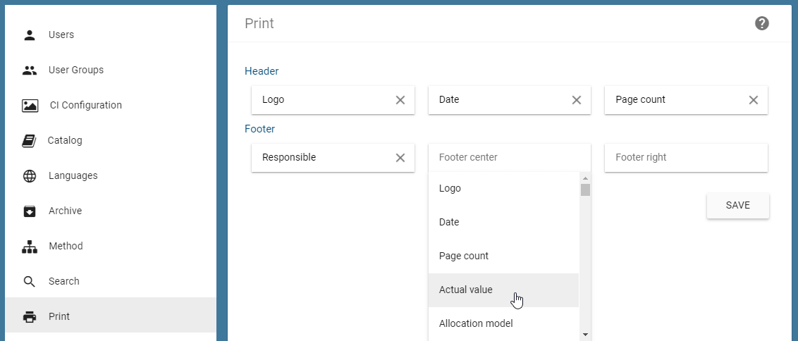 The screenshot shows the "Print" tab in administration area and its settings.