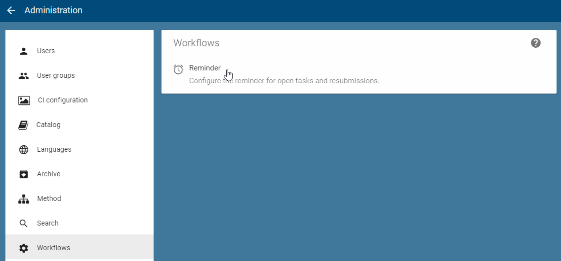 The administration area "Workflows" and the click on the "Reminder" field are displayed here.