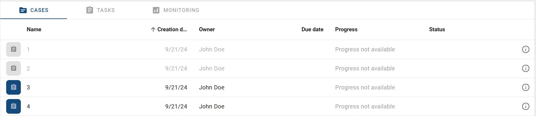 The screenshot shows the archived cases in a case list.