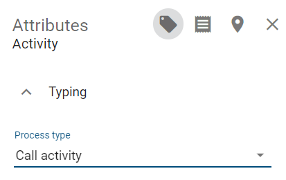 The screenshot shows the attribute "process type" of an activity with the chosen option "call activity".
