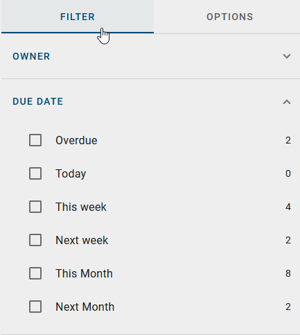 The screenshot shows the filter option "Due Date" for cases.