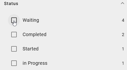 The screenshot shows the "Status" filter facet in the "Filter" tab of a case list.