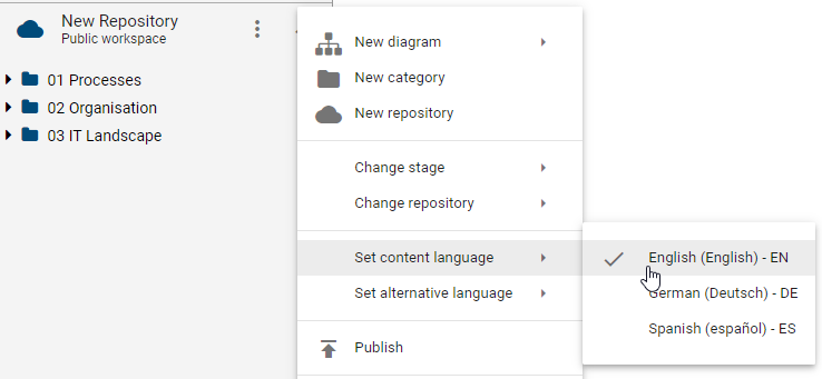 The context menu of the repository with the "Set content language" button and settings is displayed here.
