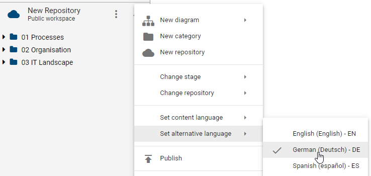 The context menu of the repository with the "Set content language" button and settings is displayed here.