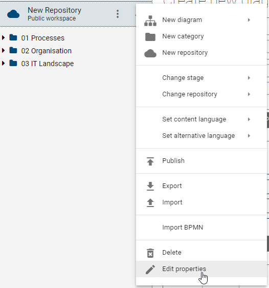 This screenshot shows the "Edit properties" button in the context menu of the repository.