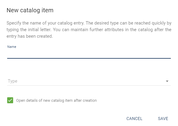 This screenshot shows the dialog to add a new catalog entry.