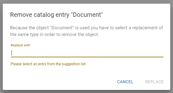 The screenshot shows the dialog to replace a catalog entry, that is used in a diagram.