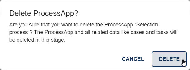 The confirmation to delete the ProcessApp data in the dialog window is demonstrated here.