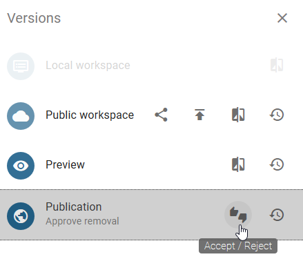 The screenshot shows the "Accept/Reject" button in the version bar next to the "Publication" pane.