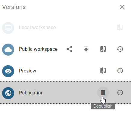 The versions tab with the selected workspace "Publication" and the button "Depublish" is displayed here.