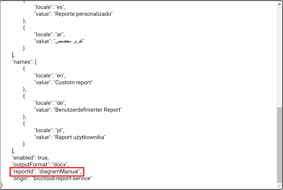 The screenshot shows the report descriptor with the variable "reportId" highlighted.