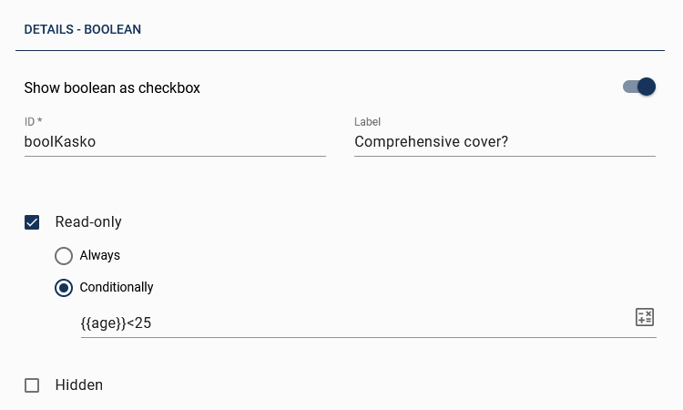 This screenshot shows the details of the form field "comprehensive cover".