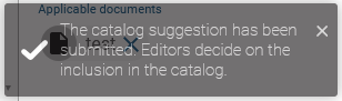 The screenshot shows the notification that a new catalog entry has been created.