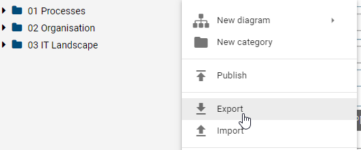 The screenshot shows the "Export" and "Import" button of the context menu of a category.