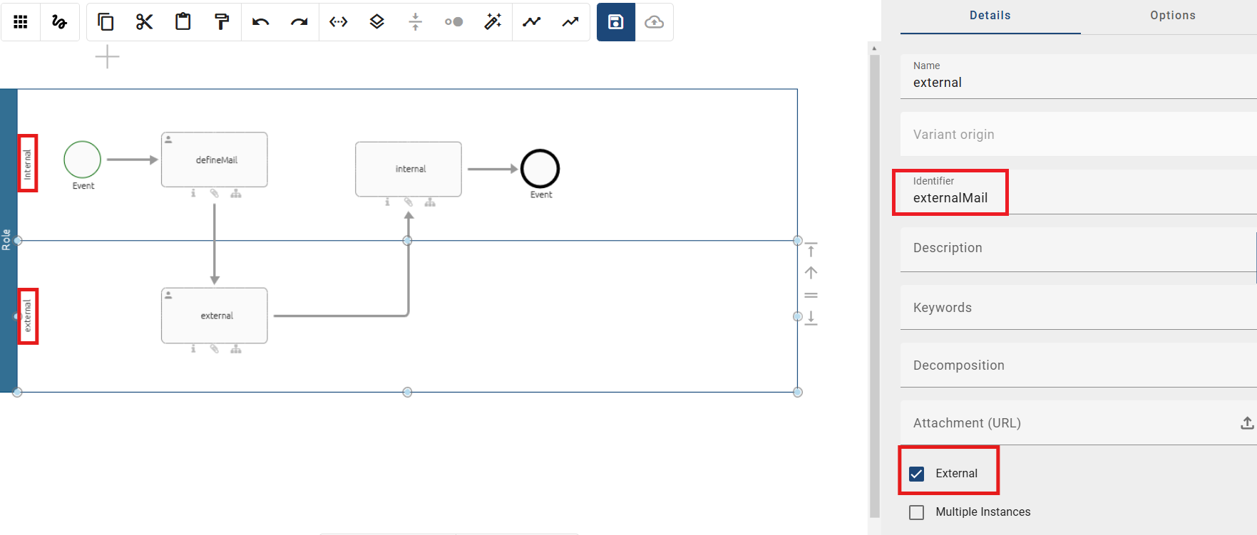 The screenshot shows a BPMN diagram with internal and external swimlanes.