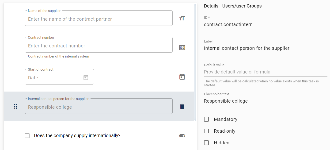 This screenshot shows the detail page of the users/user groups form.