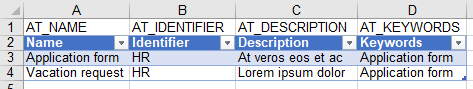 The screenshot shows an example of an Excel catalog import without entity ID.