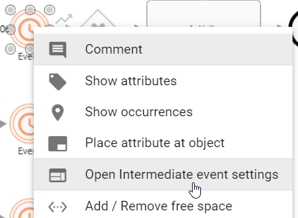 The screenshot shows the context menu of an intermediate event, which includes the option "Open intermediate event settings".
