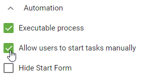 The screenshot shows the activated checkbox "Allow users to start tasks manually".