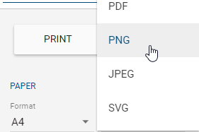 The screenshot shows the different options of the print format.