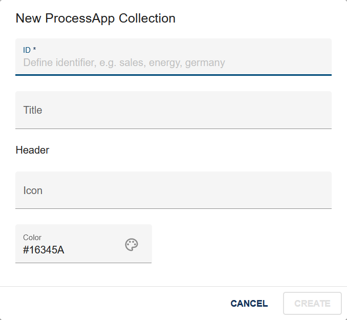 The screenshot shows the form to create a new ProcessApp Collection.