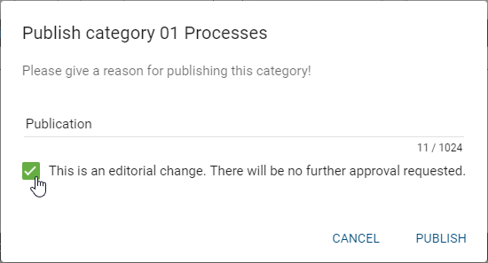 The screenshot shows the input window for the reason for category publication including the option of editorial change.