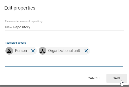 The input window for repository access restriction for a person or organizational unit is displayed here.