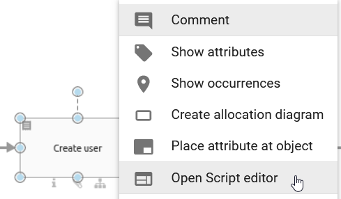 The context menu of an activity is displayed here. The option "Open Script editor" is selected.