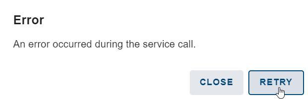 This screenshot shows the message concerning the failed service call. It includes the "Retry" button.